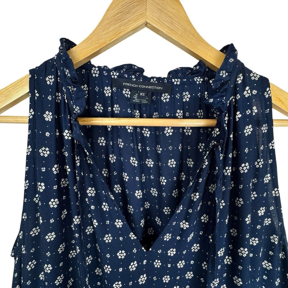 French Connection Dress XS Navy Floral High Neck Keyhole Peasant Boho Cottage - Picture 5 of 16